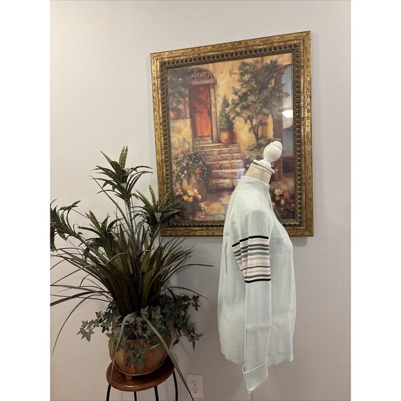 Daisy Fuentes Ribbed 1/4 Zip Sweater Long Sleeve High Neck Light Blue White Gray - Picture 5 of 6